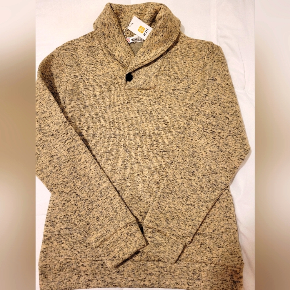 H2H Men's Sweater Tan Beige Shawl Neck Long-Sleeve Casual (NEW WITH TAGS)